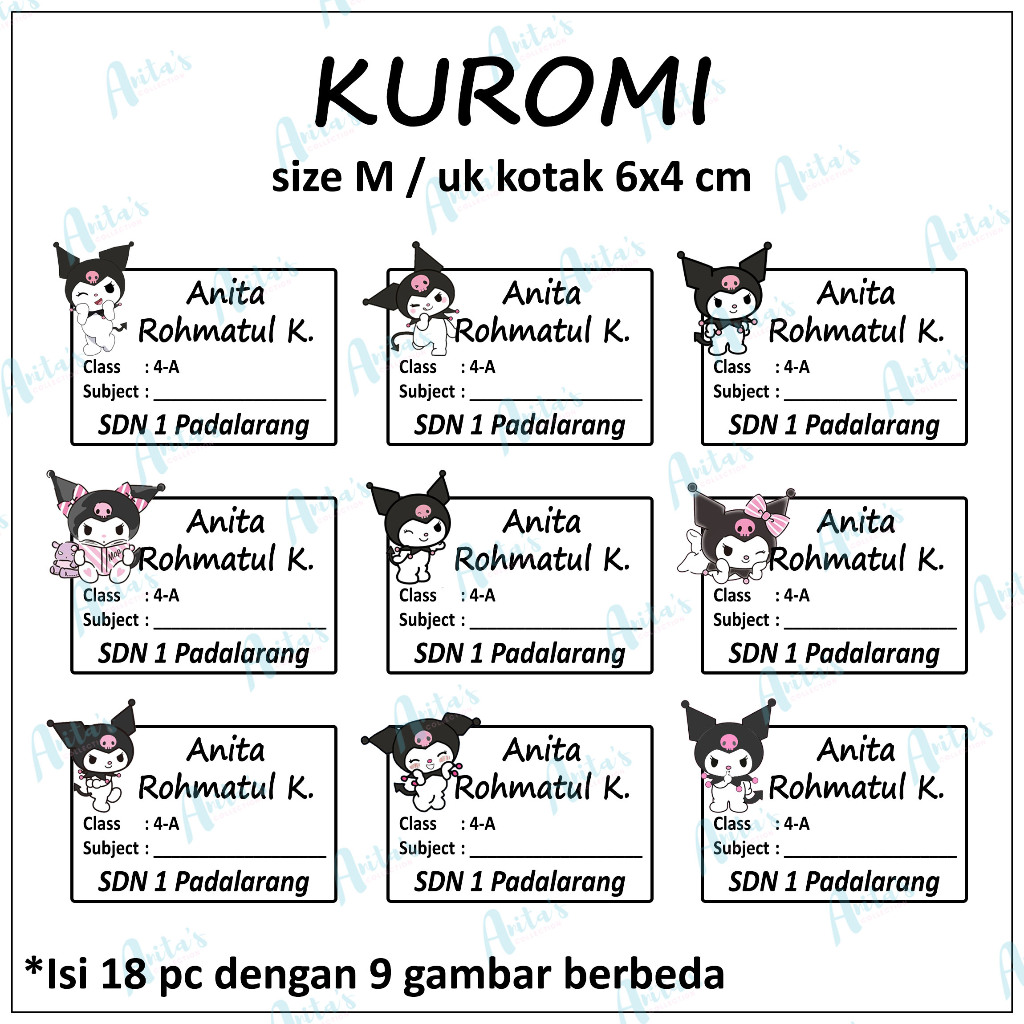 

18pc STIKER NAMA BUKU PELAJARAN ANAK SEKOLAH tema KUROMI | size M / 6x4 cm | CUSTOM