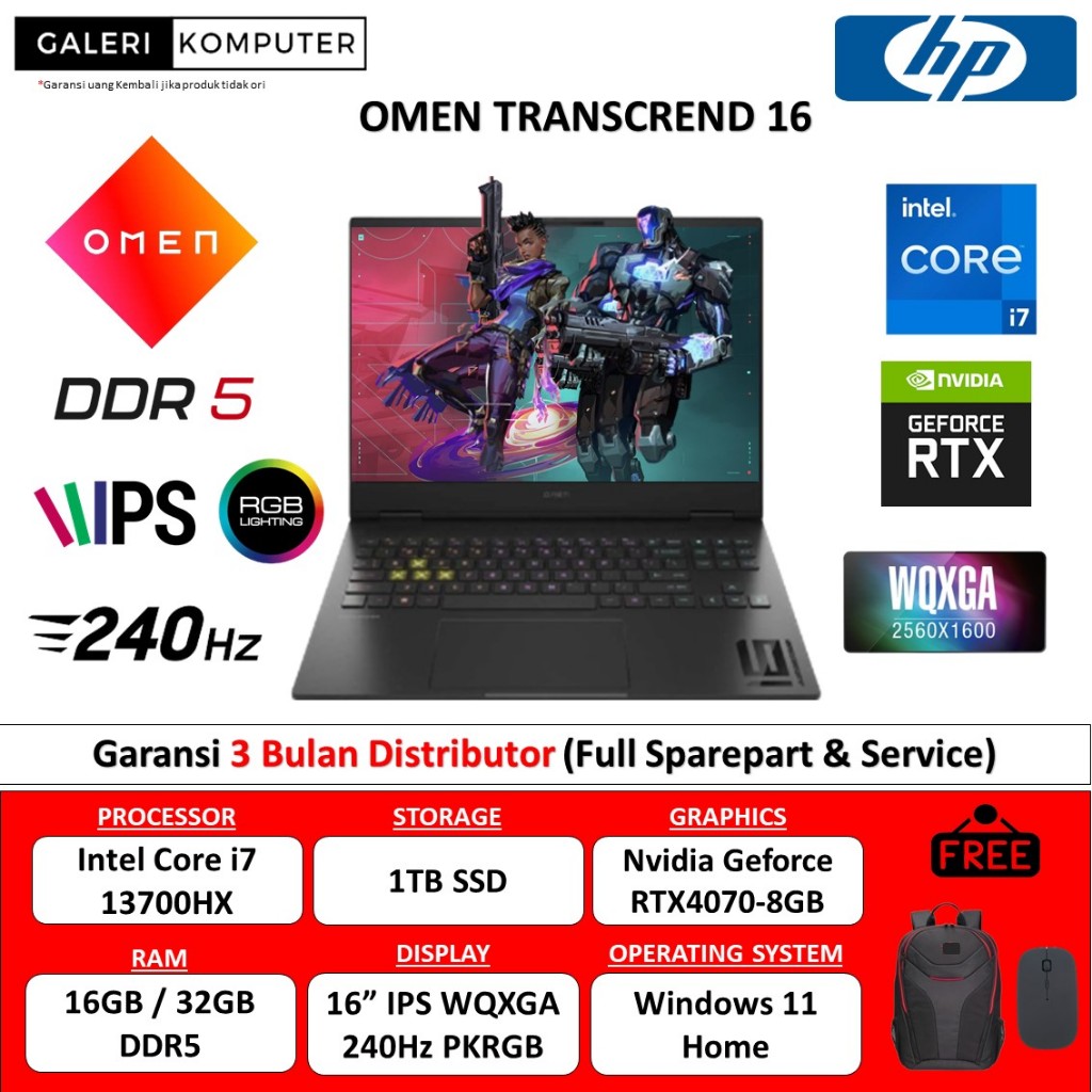 LAPTOP GAMING HP OMEN TRANSCEND 16 INTEL i7 13700HX 16GB DDR5 1TB SSD RTX4070 IPS WQXGA 240HZ PKRGB