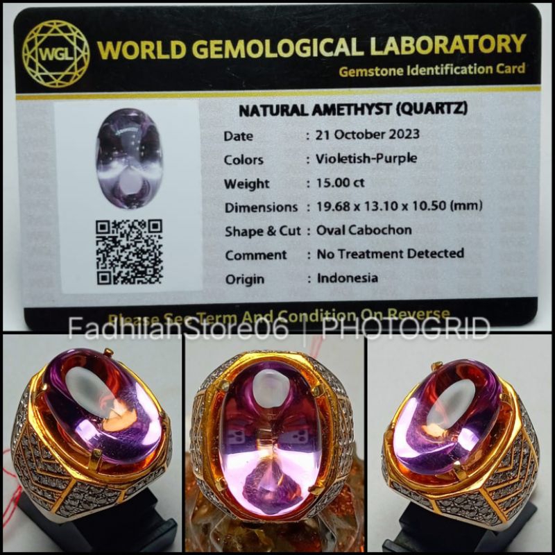 Cincin Perak Natural Kecubung Kalimantan Oval Crystal + Memo Lab