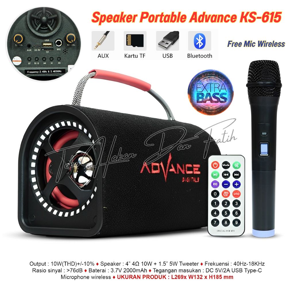 Advance KS-615 Speaker Bluetooth Portable 4 inch Free 1 Microphone Wireless [Karaoke/USB/TF/FM] Spea