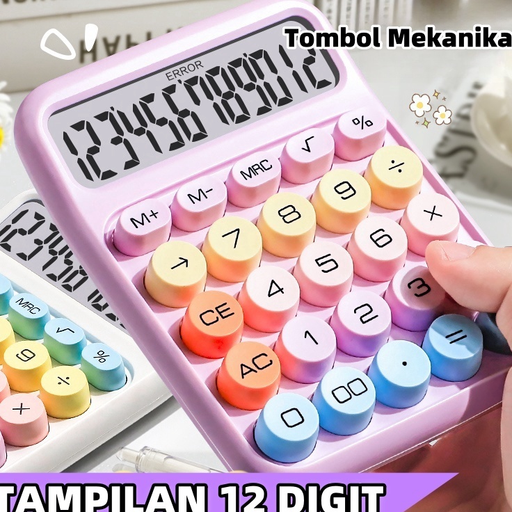 

Kalkulator tampilan LCD 12 Digit dengan estetika warna permen dan tombol besar untuk pengaan kantor atau sekolah