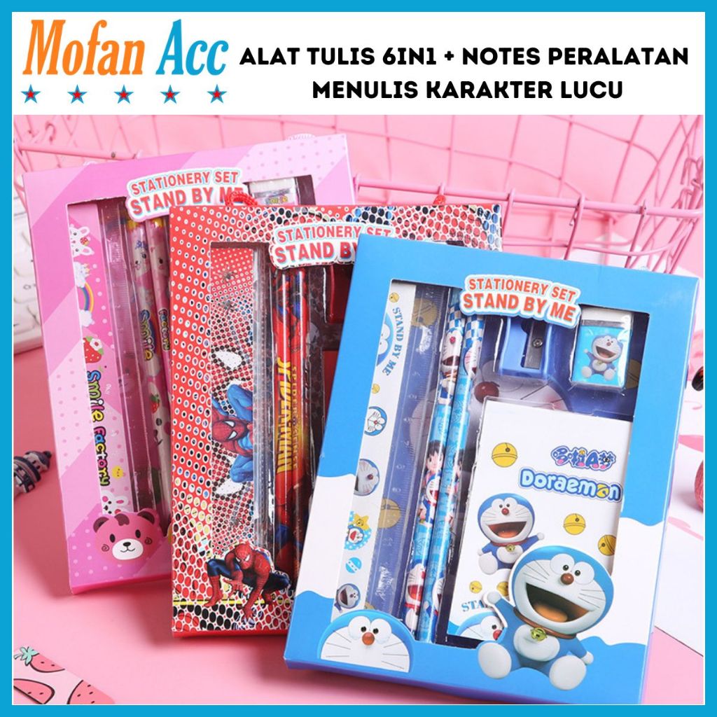 

Alat Tulis 6in1 + NOTES Karakter Lucu / Paket Lengkap Kotak Box Pensil Penghapus Penggaris Rautan Buku Gambar Kartun Imut / Set Mini Stationery Character Isi 6 Pcs ATK Perlengkapan Anak Sekolah Hadiah Kado Ulang Tahun Souvenir Spiderman Mickey Mouse Mini