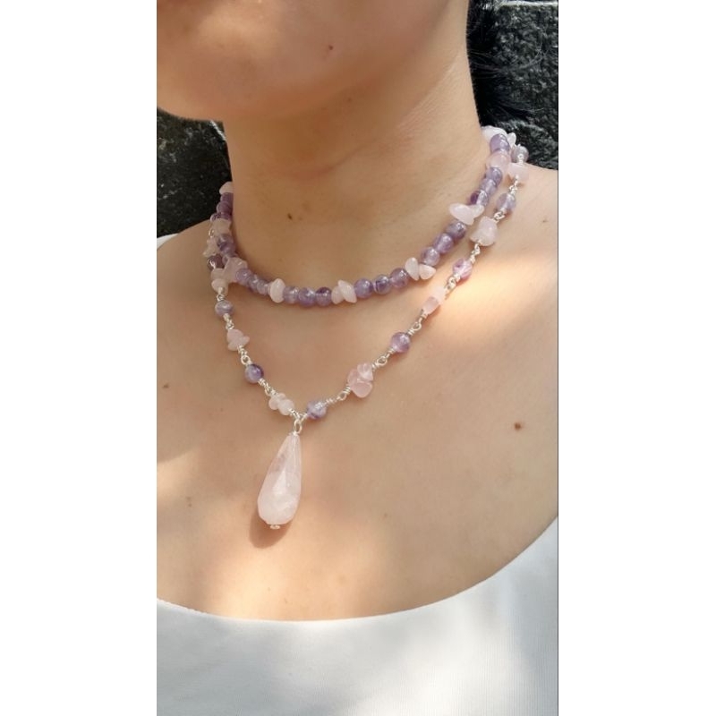 Double Layer Amethyst Rose Quartz Necklace / Kalung Choker Crystal Gemstone