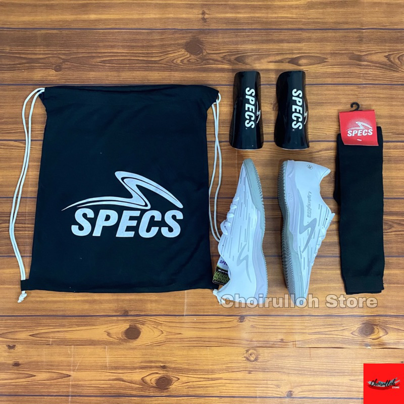 Sepatu Futsal Dewasa Specs Lightspeed Reborn Putih Silver Paket 4 Bonus Tas Serut