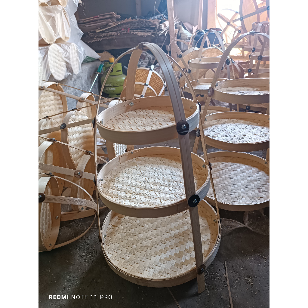 Rak Bambu Bulat susun 2 Untuk Rak Wadah Bawang | Tempat Penyimpanan Makanan | Perlengkapan Dapur Bul