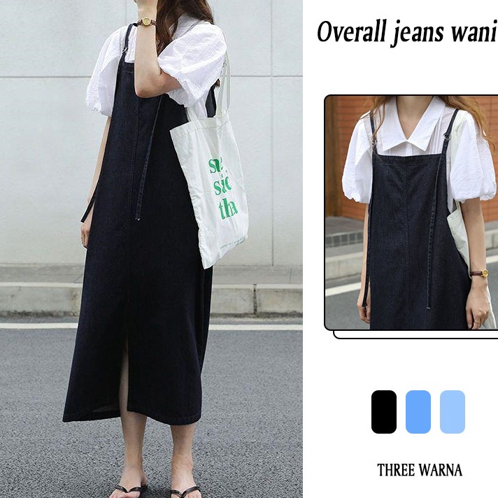 Terlaku  kekinian factory  Ready stok overall korean style wanita long dress overall jeans hitam dre