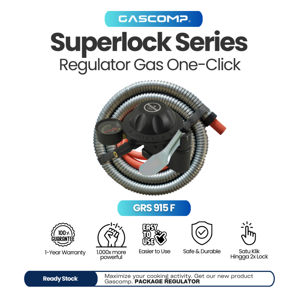 GASCOMP Superlock Regulator Gas Low Pressure dengan Selang Flexible Hitam 5 Lapisan Kuat dan Awet