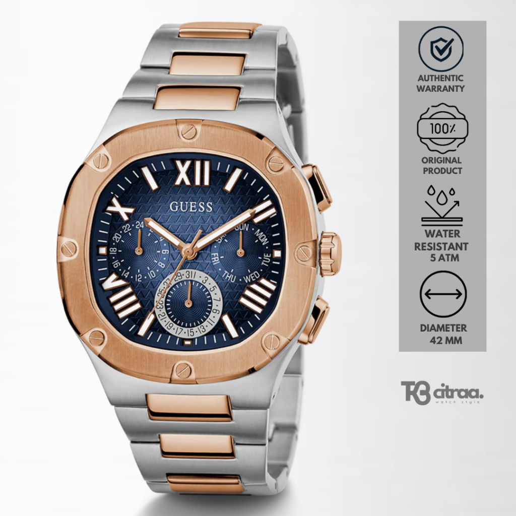 Jam Tangan Fashion Pria Guess Headline Chronograph Stainless Steel Luxury Watch Silver Rose Gold Spo