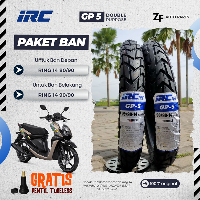 SEPASANG / SATUAN BAN MOTOR MATIC IRC GP5 Ring 14 TUBELESS DEPAN BELAKANG DOUBLE PURPOSE VARIO MIO B