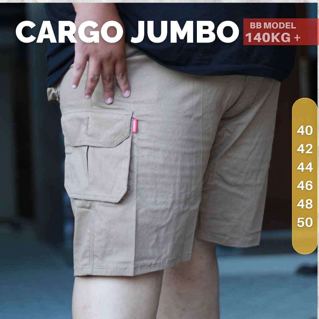 ICW Celana Cargo Pendek Jumbo Chino Big Size Hitam Abu Katun Strecth 40 42 44 50 52 LP 110 120 130