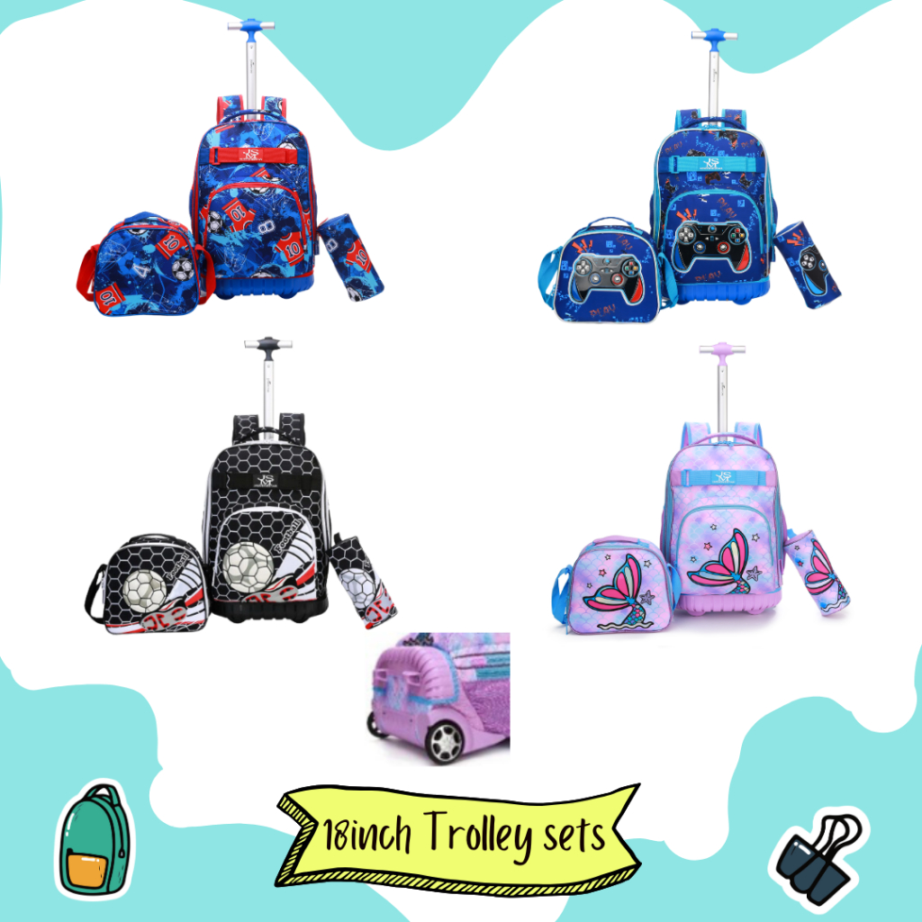 Troli anak besar SD-SMP premium quality 18 INCH set dengan tas makan dan tempat pencil TRW14905