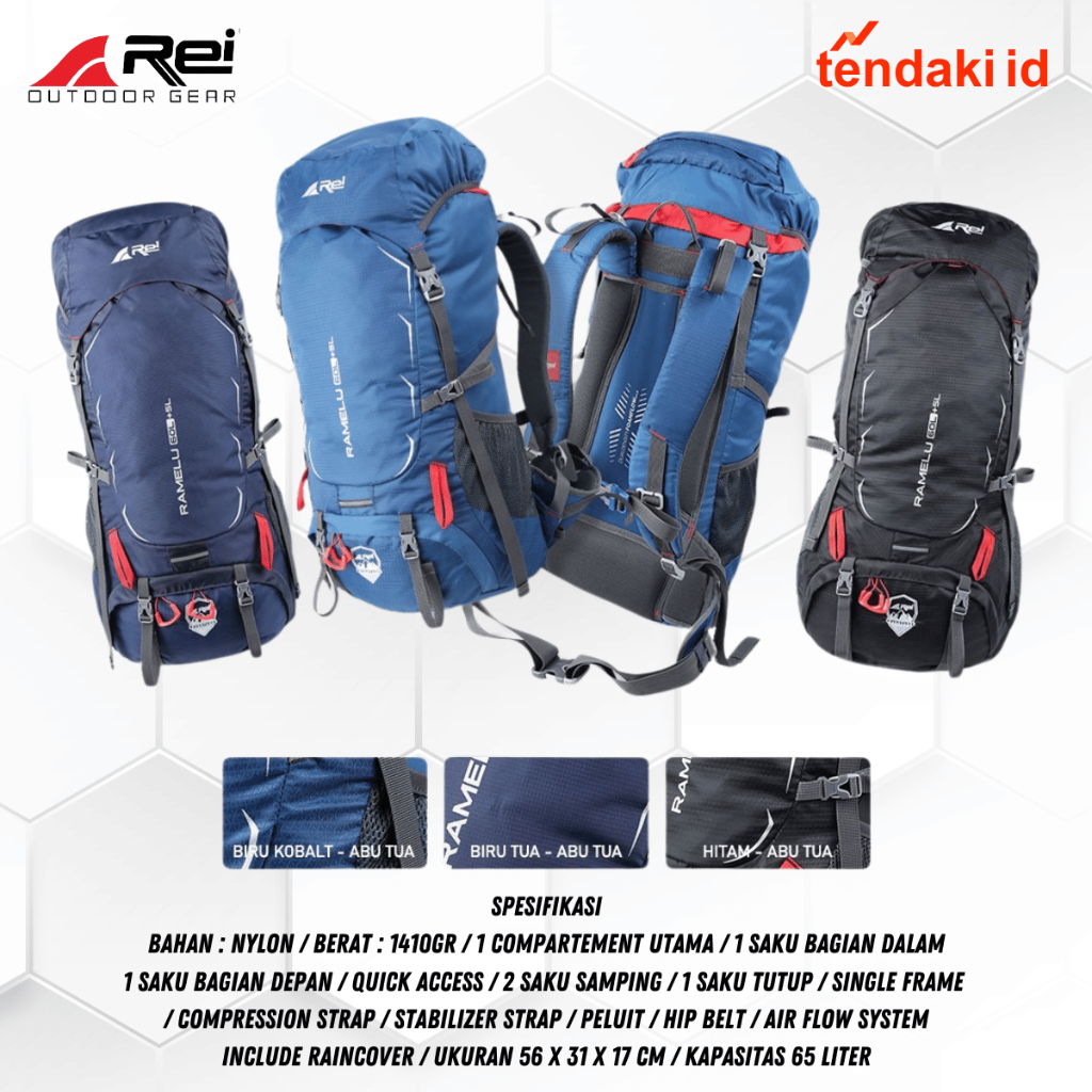 Tas Gunung Arei  Ramelu 65L / Tas Ransel Arei  Ramelu 65L / Keril Gunung Kapasitas 65L / Tas Ransel 