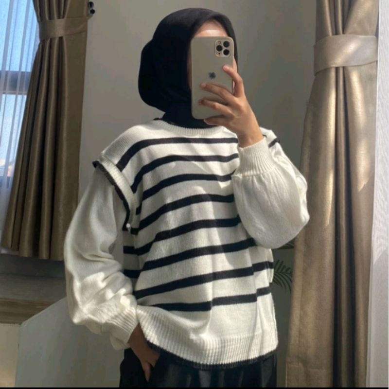 Baju Rajut-Febiona Blouse Atasan Wanita Setrip Tangan Balon