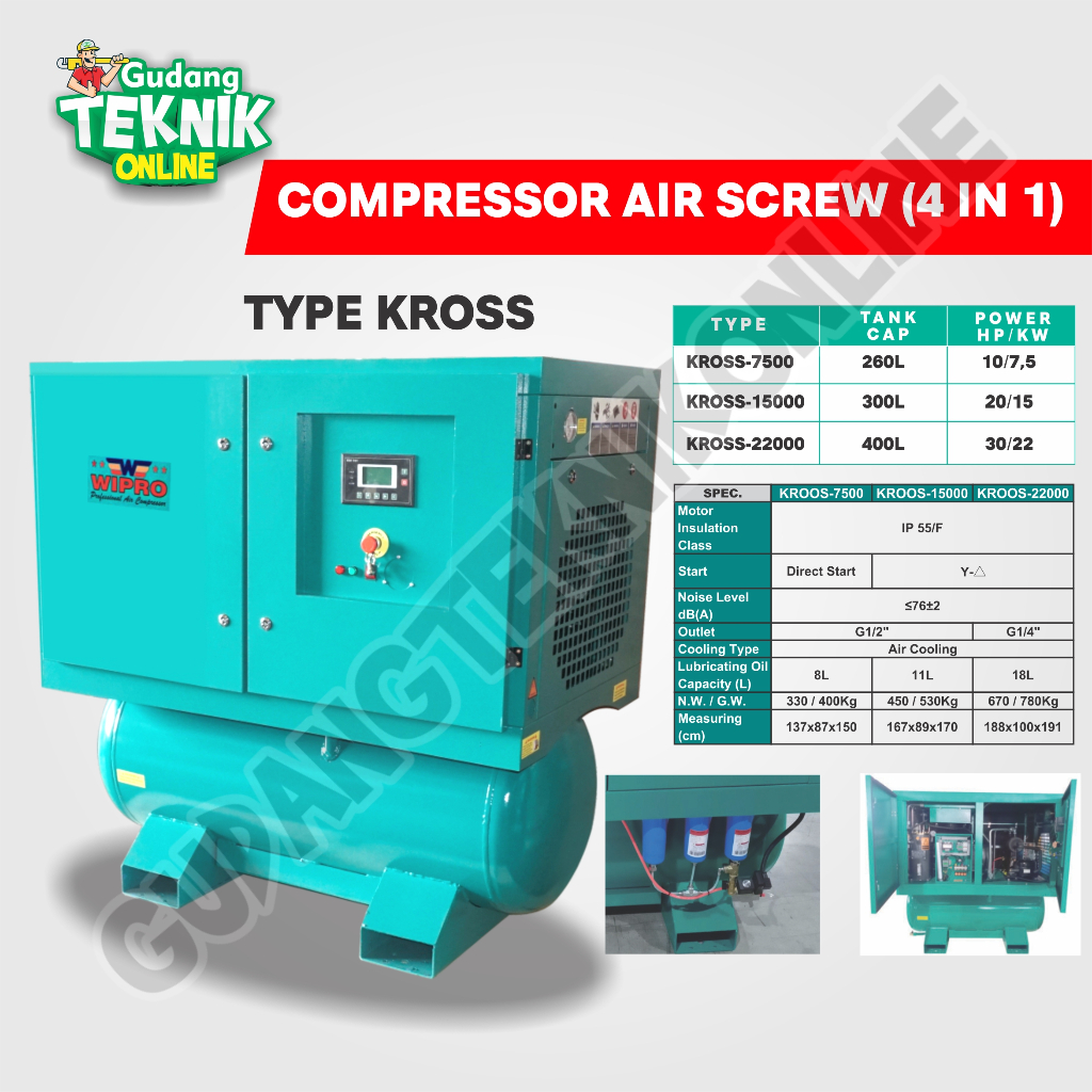 Kompresor Angin 10HP 20HP 30HP WIPRO TYPE KROSS / Compressor Air Screw 4in1 WIPRO