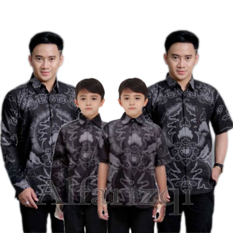 BAJU BATIK COUPLE AYAH DAN ANAK LAKI-LAKI MOTIF MAHKOTA ABU