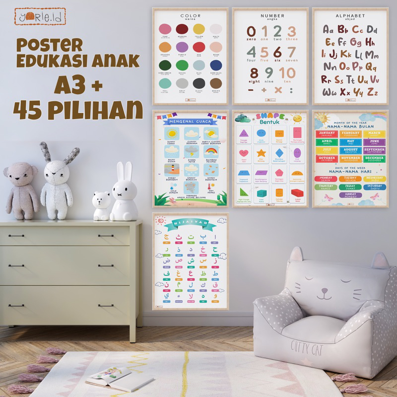 POSTER EDUKASI AESTHETIC PENDIDIKAN BELAJAR MAINAN ANAK TK PAUD SD Angka/Abjad/hijaiyah/25Nabi/hewan