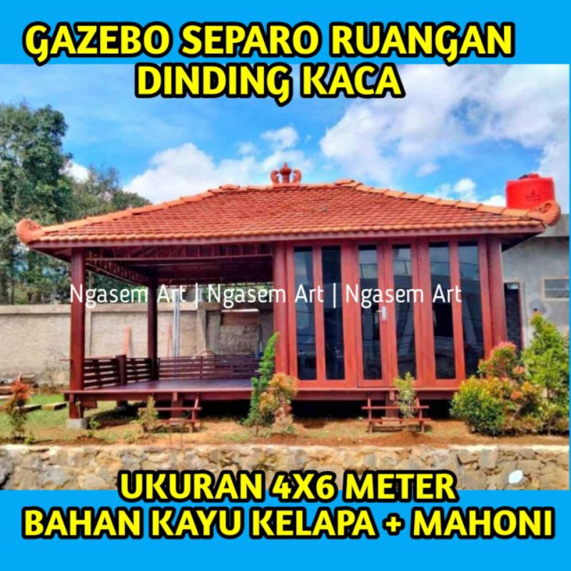 GAZEBO 4X6 SEPARO RUANG KACA KAYU KELAPA | GASEBO KAYU MAHONI