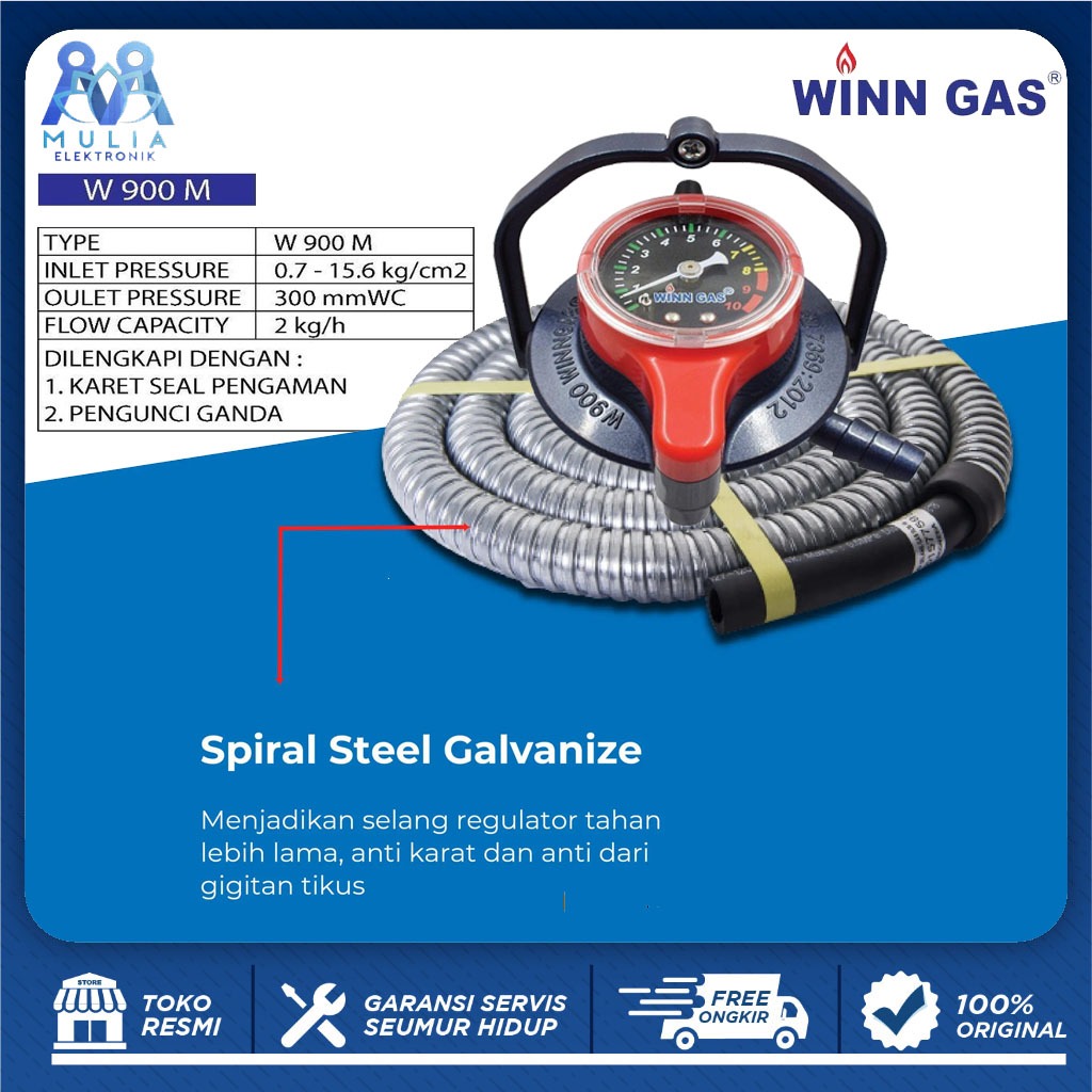 Winn Gas Regulator LPG Double Lock Tekanan Rendah W900 Meter Gratis Selang Gas Super Aman