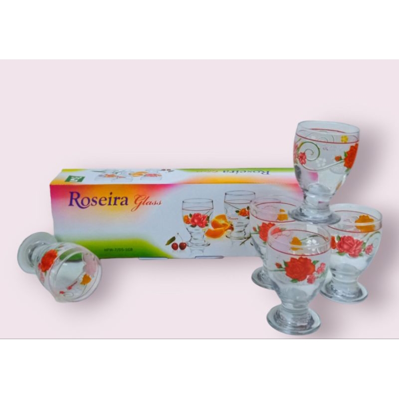 gelas kaca motif bunga roseira set(isi 5pcs)