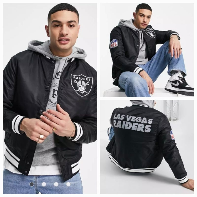 PULL&BEAR JAKET NFL RAIDERS VARSITY BOMBER JACKET HITAM BARU ASLI ORIGINAL