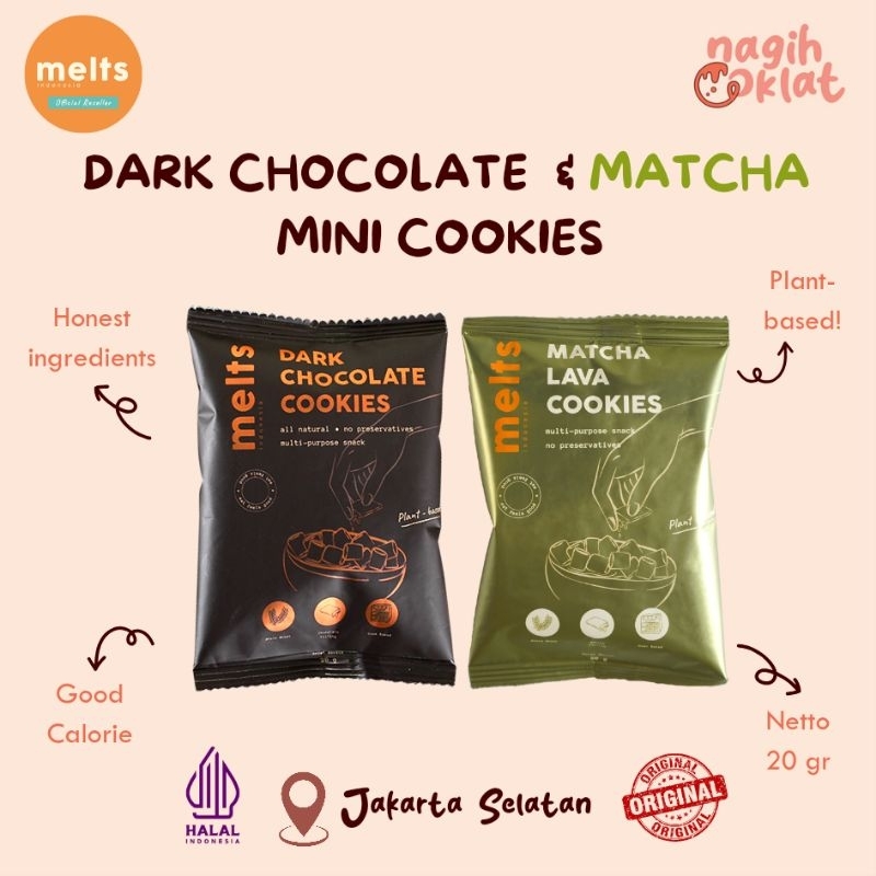 

MELTS Mini Cookies Dark Chocolate & Matcha Sachet 20gr Travel Size | Snack Kukis Sereal Sarapan Plant Based Vegan - @nagihcoklat