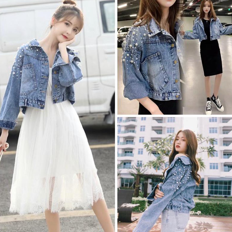 Serba Irit   COD  JAKET JEANS CROP KOMBINASI MUTIARA TEMBAK OVERSIZE CROPJAKET JEANS WANITA  JAKET W