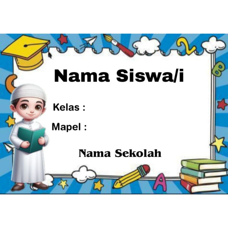 (ISI 50) STIKER LABEL BUKU SEKOLAH MOTIF ANAK MUSLIM WARNA BIRU