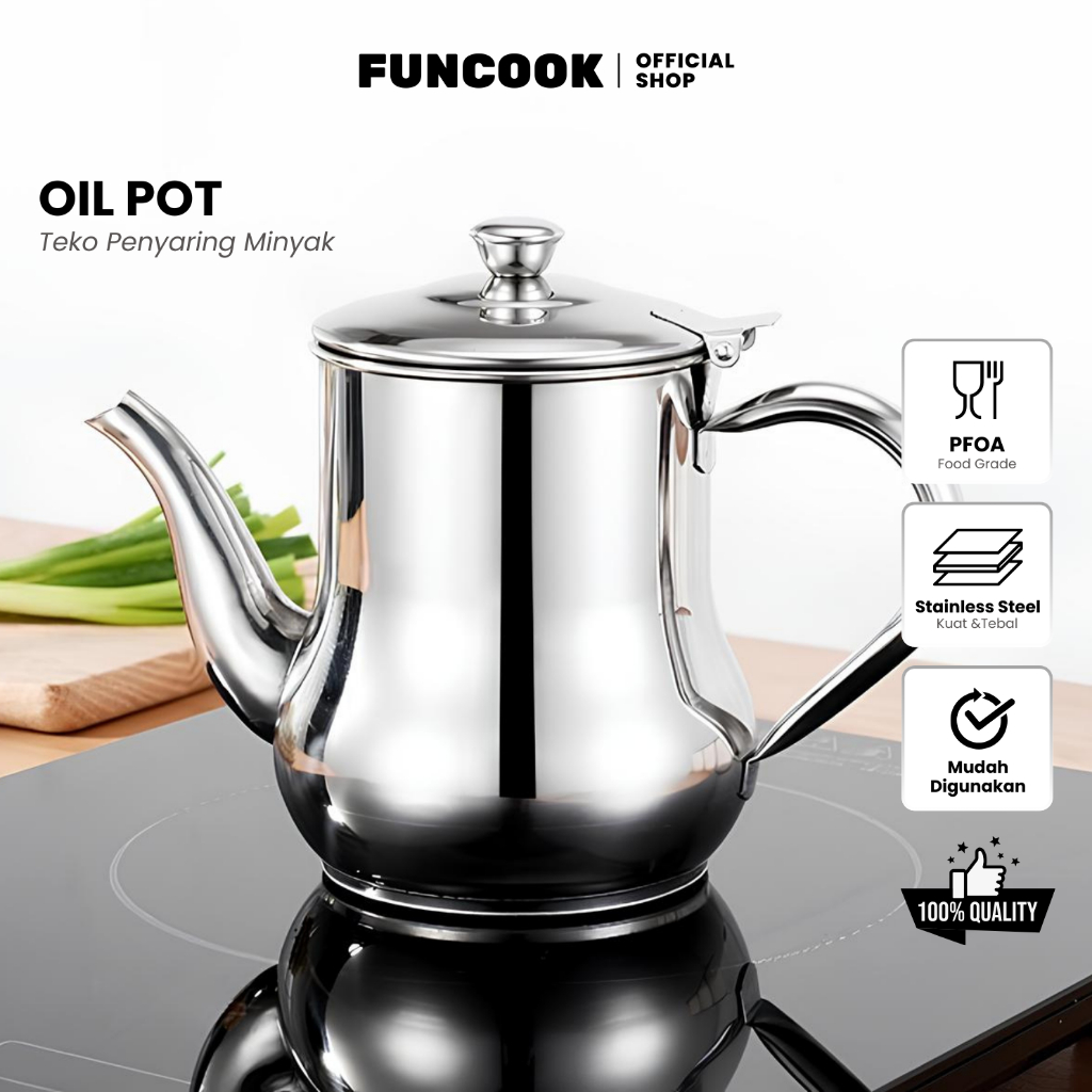 FUNCOOK Teko Minyak/ Gelas Teko Air kopi Oil Pot Teko Teh Stainless Anti karat/Ukuran 800ml 1000ml