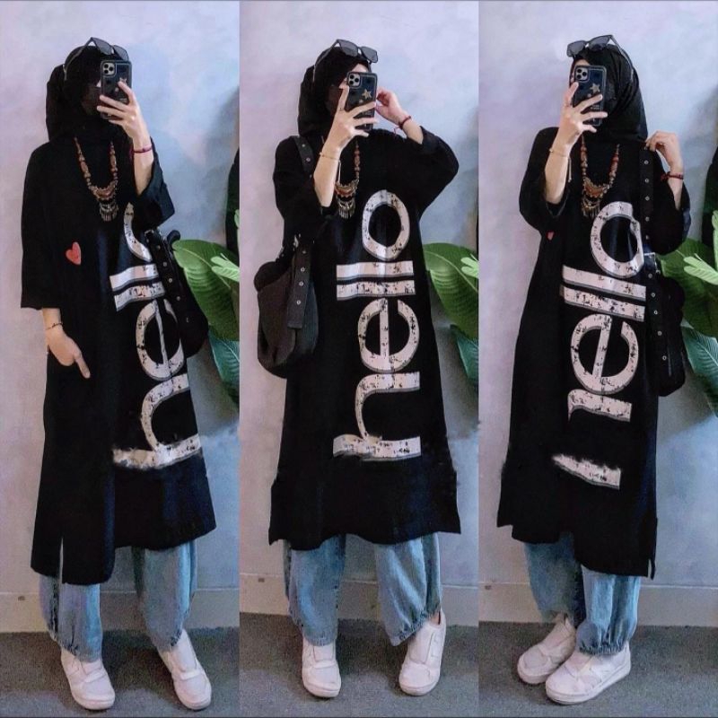 Hello Long Tunik jumbo tunik wanita jumbo tunik muslim tunik panjang tunik kaos combat premium
