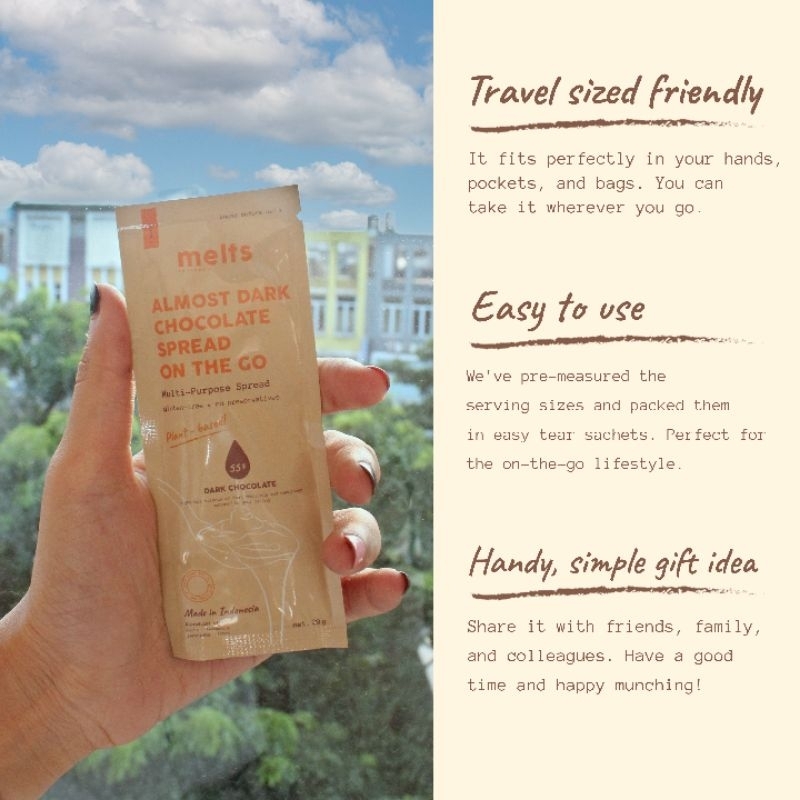 

MELTS Spread On The Go Satuan - Selai Sachet Untuk Roti Mini Travel Size - Finally - Almost Dark Choco | Rasa Cokelat Matcha Hazelnut Kacang Almond Pistachio Creamy White | Plant Based Vegan - @nagihcoklat