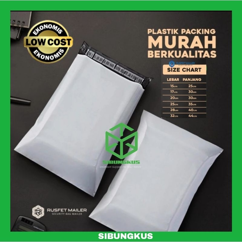 

POLYMAILER PUTIH TERMURAH BERKUALITAS KANTONG EKONOMIS POLYMER RUSFET WHITE PACKING KEMASAN BAJU FASHION OLSHOP ISI 100 15X25 17X30 20X30 25X35 28X40 32X45 TERMURAH AMPLOP PLASTIK PACKAGING ANTI SOBEK GLOSSY