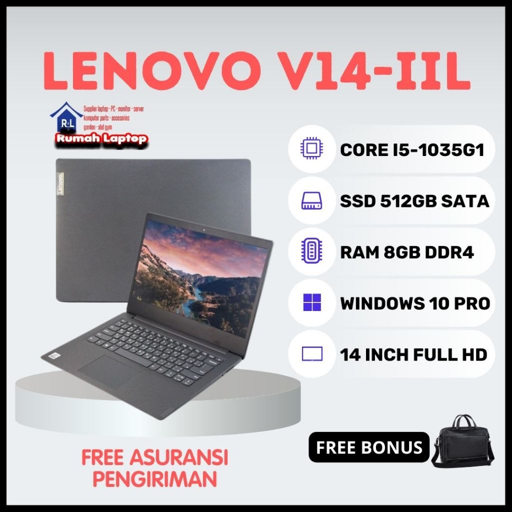 TERLARIS Laptop Core i5 Baru Lenovo v14-iil i5-1035G1 Ram 8gb Ssd 512gb 14" Fhd Windows 10 Pro