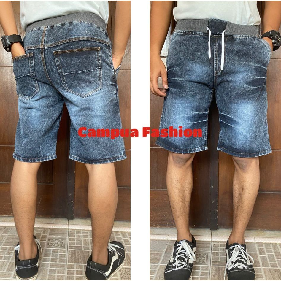 Celana Pendek Jeans Pria Dewasa Pinggang Tali Kolor Cowok Cowo Dewasa Model Terbaru 2024 Warna Snow 