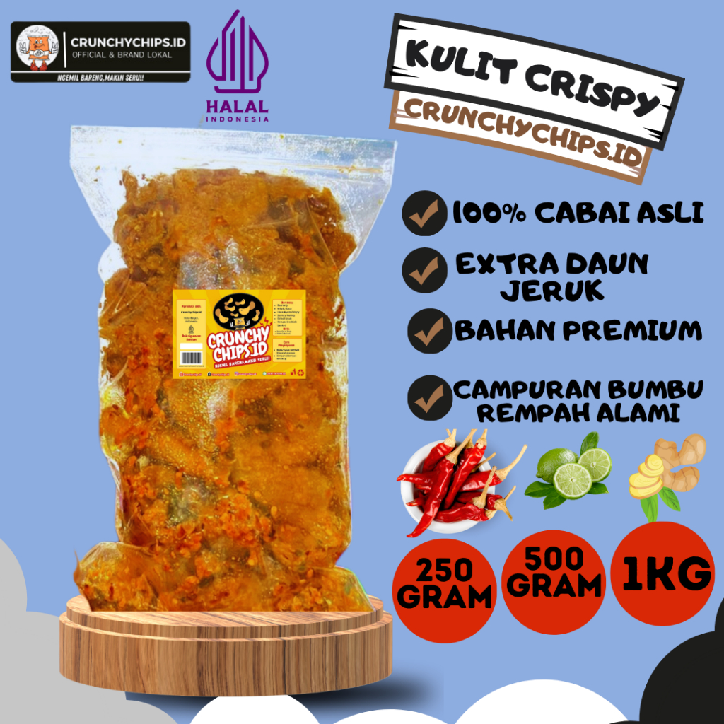 

Cemilan Keripik Kulit Ayam Sultan Bandung Crispy Kriuk Cikruh Pedas Bumbu Daun Jeruk Isi 1kg 500grm