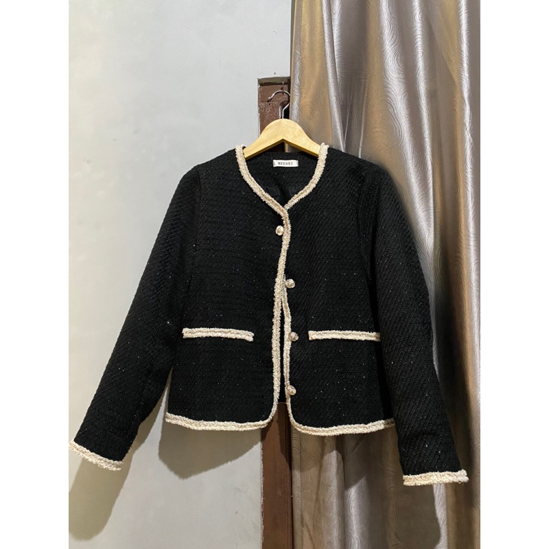 Preloved PL BLAZER CARDIGAN WANITA Sparkle Tweed Black Edge Blazer - Blazer Cardigan Tweed Hitam
