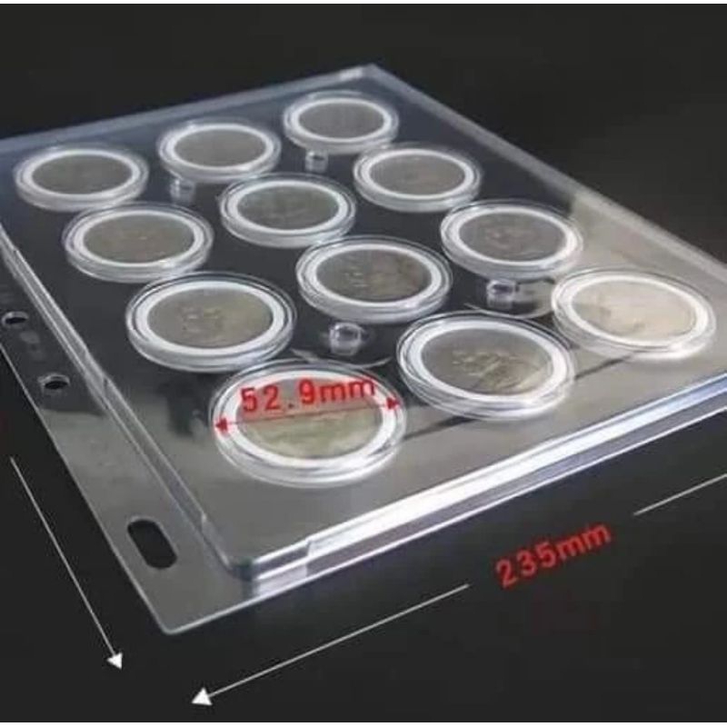 Refill transparan PET 281 x 235mm 12 lubang kapsul koin bulat 46mm