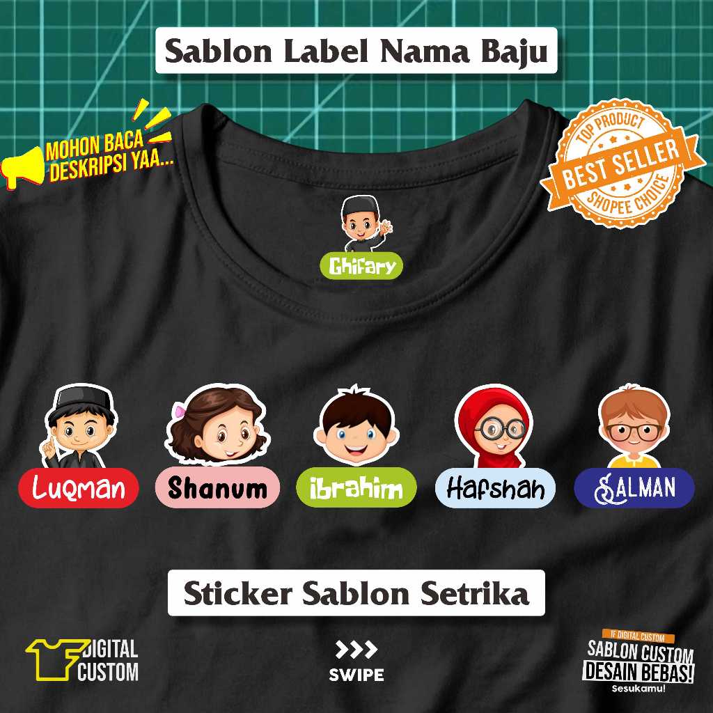 

Stiker Kain Label Nama Baju Karakter Anak Sekolah Pesantren Asrama Name Tag Laundry Sticker Sablon Setrika DTF IF Digital Custom Siap Press Part 2