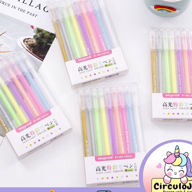 

Hot Color Gel Pen Box isi 9pcs highlighter Pastel Color Pen Journal
