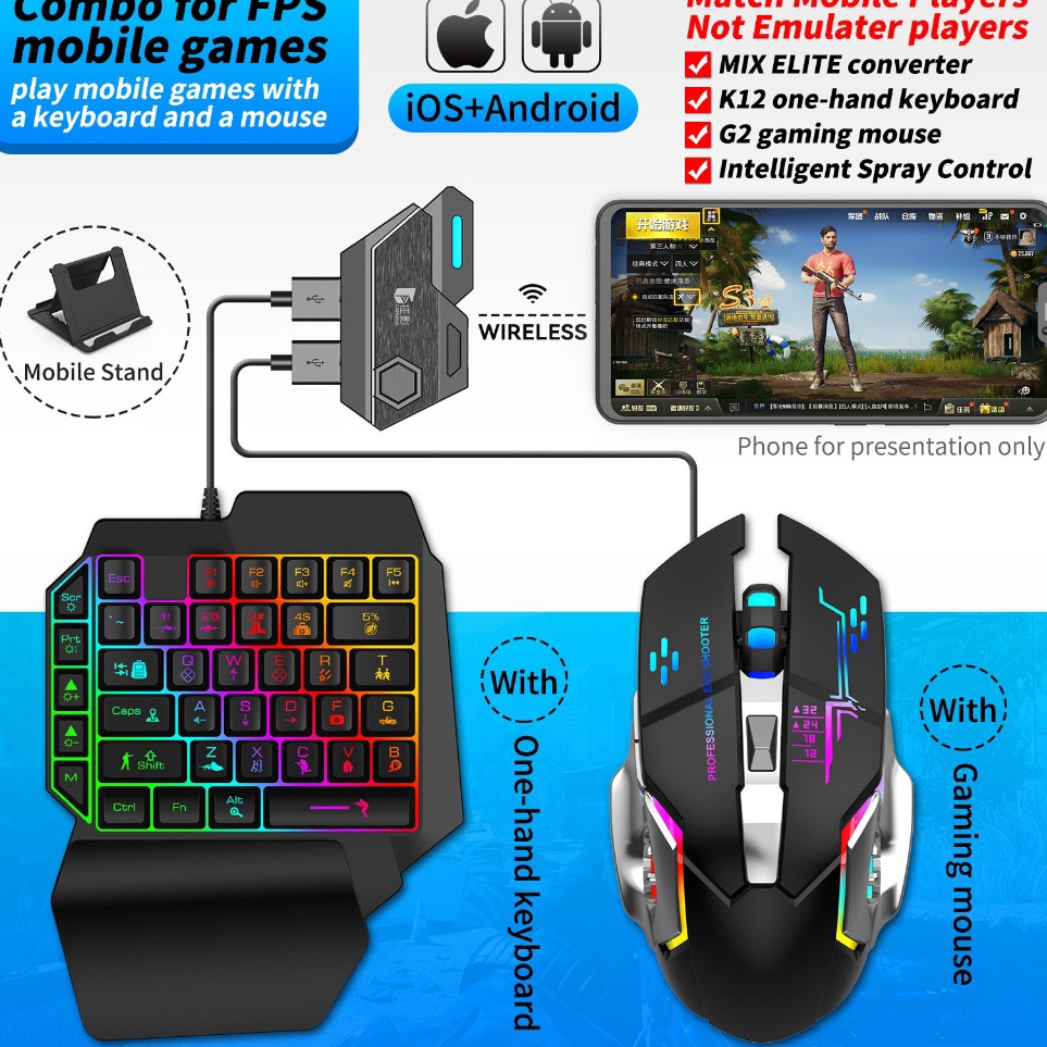 KODE Q8N keyboard gaming dan Mouse OTG Bluetooth Single Hand Gaming RGB Keyboard dan mouse Converter
