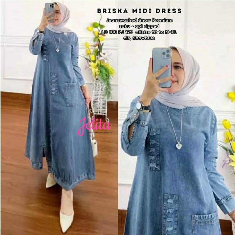 Briska Midi Dress Maxy Gamis Polos Hitam Jeans Snow Ld 100 Fit XL By Jelita