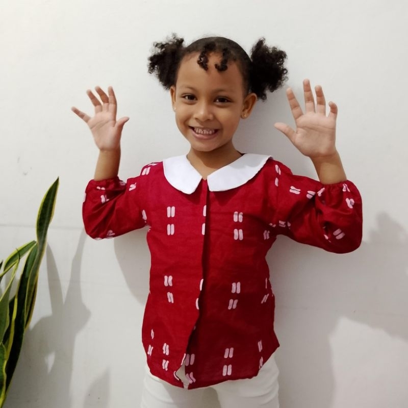 BLUS BATIK ANAK JUMPUTAN HIJAB MAWAR LENGAN PANJANG MERAH LIME UNGU HITAM MAROON KERAH PUTIH COCOK U