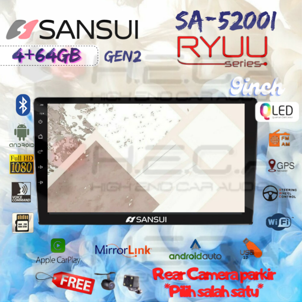 SANSUI RYUU QLED Gen2 4/64 GB Android G2 9" Inch SA-5200I Head Unit Tape TV Mobil Double din + Rear 