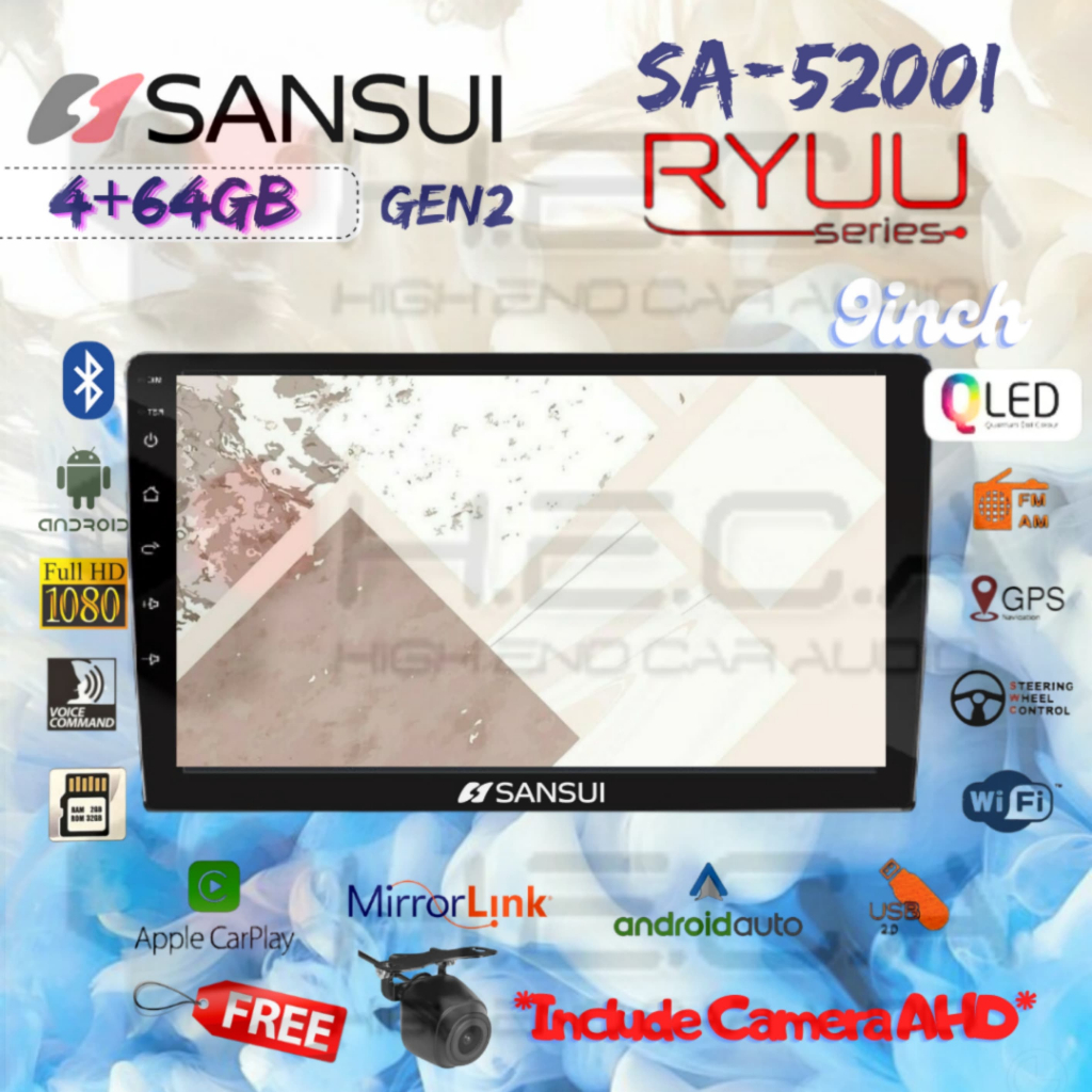 SANSUI RYUU QLED Gen2 4/64 GB Android G2 9" Inch SA-5200I Head Unit Tape TV Mobil Double din + Rear 