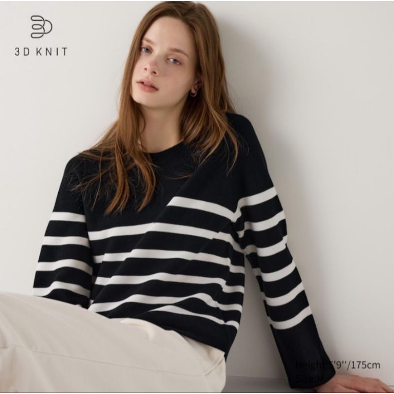 Sweater Katun Rajut 3d Garis Kerah Bulat WOMEN UNIQLO