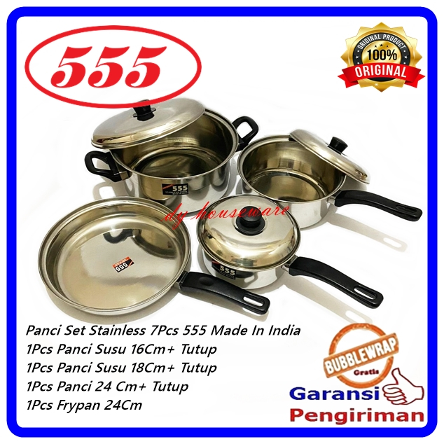 Panci Set Stainless Steel 7Pcs Panci Susu 16 - 18 Cm Panci 24 Cm Frypan 24 Cm Made In India 555