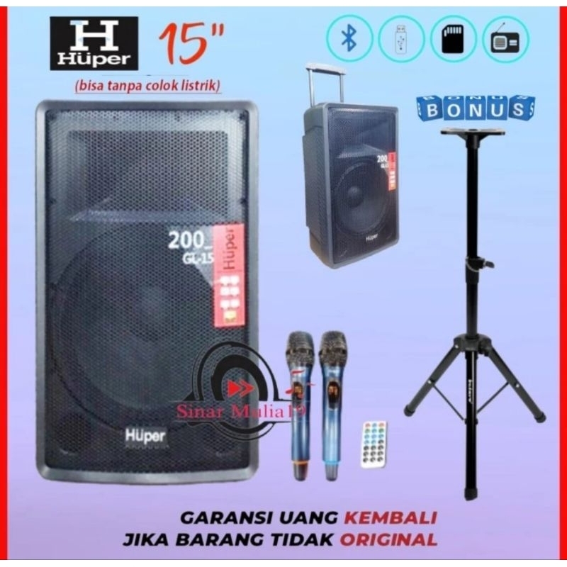 SPEAKER AKTIF HUPER GL15 SPEAKWR PORTABLE WIRELESS KARAOKE BLUTOOTH METTING 15 INCH HUPER ORIGINAL