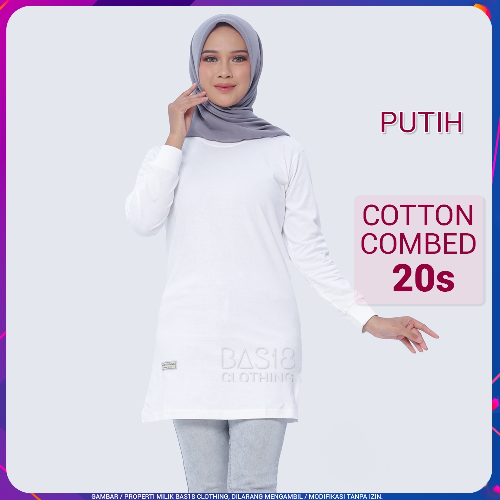 Kaos Atasan Wanita Semi Tunik Polos Tebal Premium Putih Oversize Belah Samping Cotton Combed 20s