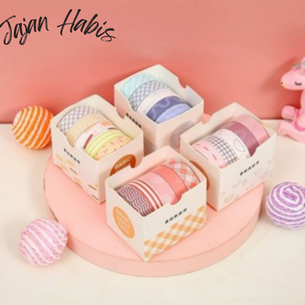 

JABIS Roll Masking Tape Set 5 Pcs Essential Collection Basic Pattern Isi 5 Selotip Bahan Kertas Washi Warna Warni DIY Scrapbook Journal Kotak Box Aeshtetic