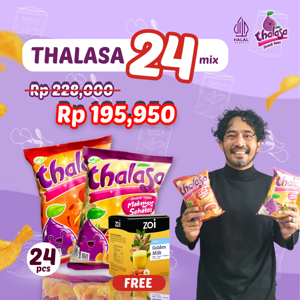

Thalasa Bundle 24 Mix FREE 1 Box Zoi Golden Milk x Yama Carlos Thalasa Snack (Rasa Jagung Bakar/ Pedas Sedap)