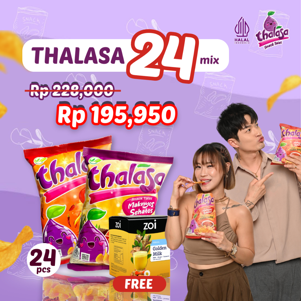 

Thalasa Bundle 24 Mix FREE 1 Box Zoi Golden Milk x Lee Jeong Hoon Thalasa Snack (Rasa Jagung Bakar/ Pedas Sedap)